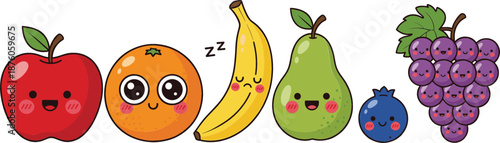 Cute kawaii fruit character collection with happy apple orange sleeping banana pear blueberry and grapes vector illustration set for healthy eating designs