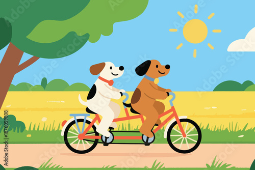 Two cartoon dogs riding tandem bicycle on sunny dirt path with tree, sun, and blue sky.