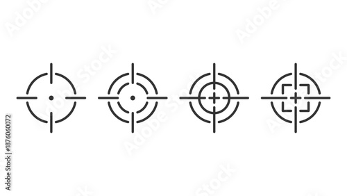Target destination icon set. Aim sniper shoot group. Focus cursor bull eye mark collection. Vector isolated on white
