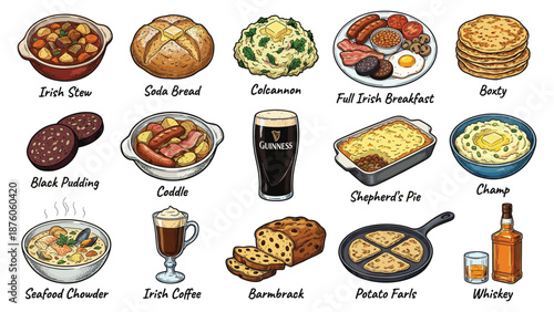 A collection of traditional breakfast items including various dishes and beverages on a clean white background