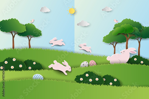 Easter nature background with cute rabbits and Easter eggs on spring garden for greeting card,banners,flyers,social media or wallpaper