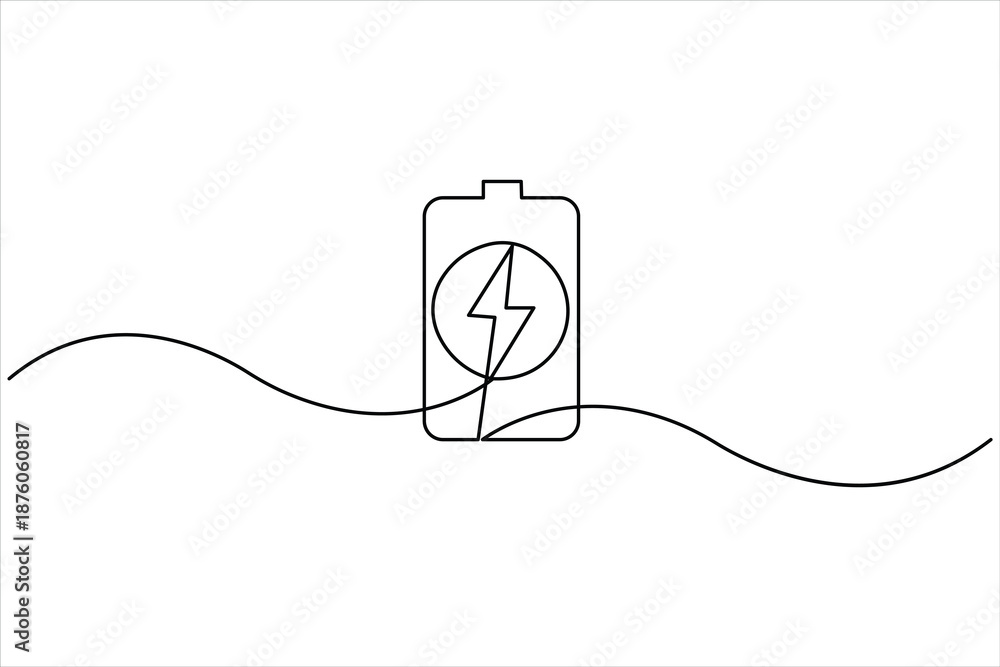 Obraz premium Continuous one line art drawing of battery with bolt sign design vector illustration