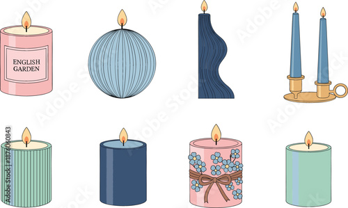 Decorative candle vector set featuring scented jars pillar candles sculptural wave shapes and elegant tapers for home decor interior design and relaxation concept.