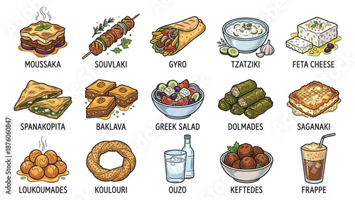 Assorted traditional Greek dishes and desserts displayed on a clean white background