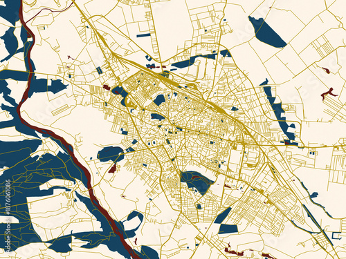 Canvas Print Abstract city map of Craiova, Romania with cream map with gold lines