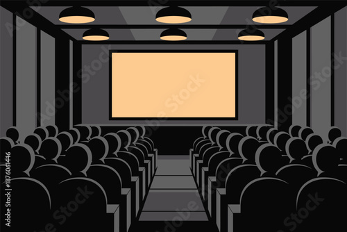 Empty Movie Theater Auditorium with Blank Screen, entertainment industry concept