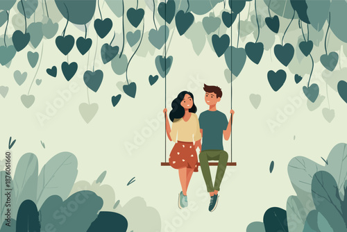 Valentines Day Romantic Couple Sitting on Swing Illustration Symbolizing Love Joy Emotional Bond and Peaceful Relationship in Cute Cartoon Vector Style