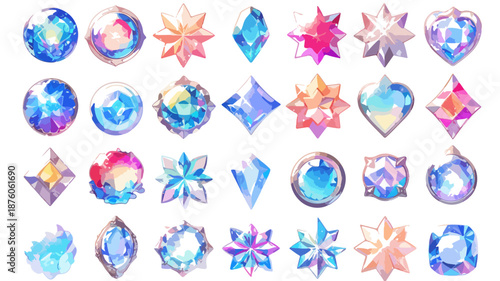 다양한 모양과 색상의 투명한 보석 일러스트 모음