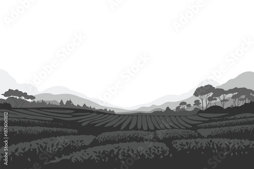 Monochromatic Mountain Landscape with Terraced Fields, rural landscape concept
