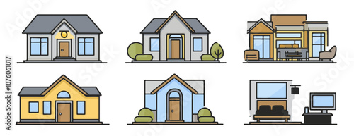 다양한 주택 및 건물 아이콘 모음, 주거용 및 상업용 건물 디자인