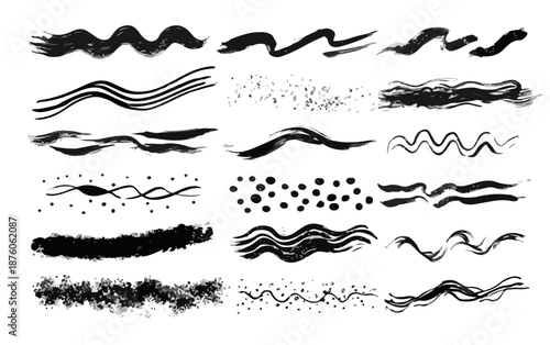 다양한 붓 터치 브러쉬와 물결 모양의 추상적인 디자인 요소들이 투명한 배경에 검은색으로 표현되었습니다.