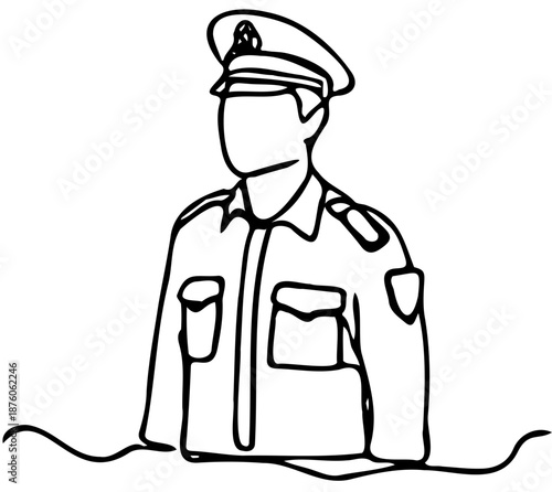 Continuous single line drawing of a police officer in uniform with a peaked cap, representing law enforcement, security and justice. Vector, illustration