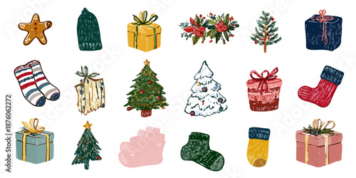 다양한 크리스마스 장식품과 선물 상자, 양말, 진저브레드 쿠키 일러스트 모음
