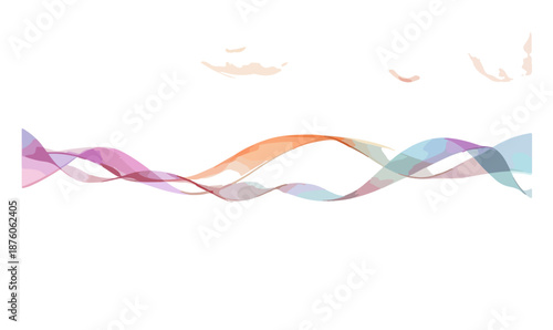 부드러운 색상의 투명한 물결 모양의 추상적인 선이 하늘에 떠 있는 구름과 함께 펼쳐져 있습니다.