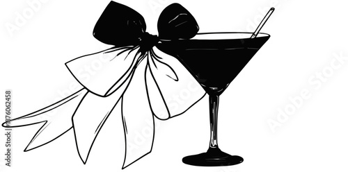 검은색 리본이 달린 마티니 잔에 담긴 칵테일, 투명한 배경에 스타일리시한 음료