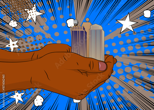 Cartoon, comic book human hands holding Skyscraper. Retro vector comics pop art design.