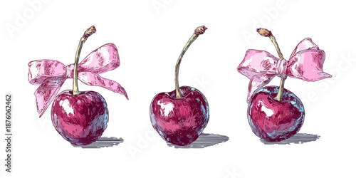 분홍색 리본이 달린 수채화 스타일 체리 세 개가 흰 배경에 놓여 있습니다.