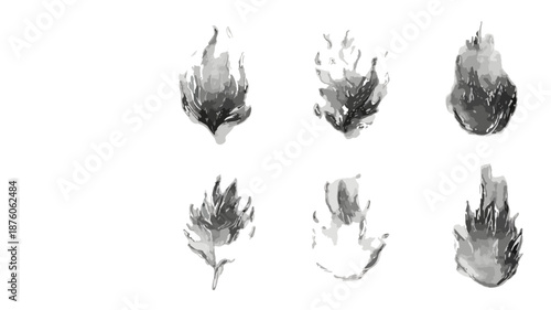 수채화 기법으로 표현된 다양한 형태의 투명한 불꽃 아이콘 세트