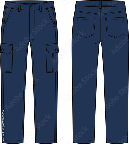 Navy cargo pants cad drawing flat vector illustration front and back view, tactical workwear trousers, apparel design template background