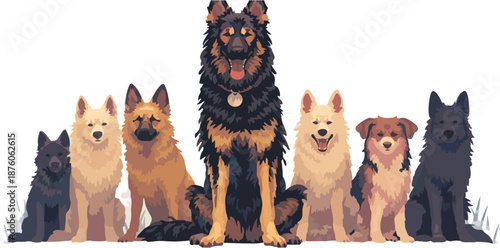 다양한 품종의 개들이 흰색 배경에 나란히 앉아 있는 모습, 귀여운 동물 일러스트