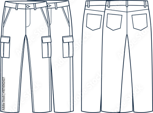 Cargo pants cad drawing flat vector illustration front and back view, technical trousers outline, workwear apparel design template background