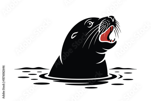 Roaring Sea Lion Head Emerging from Water, marine wildlife concept