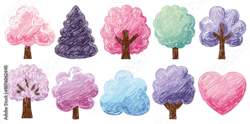 다양한 색상의 귀여운 손으로 그린 나무와 하트 모양 일러스트 컬렉션