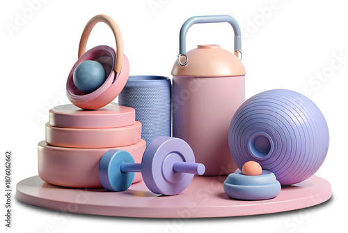 A colorful assortment of exercise equipment on a pink platform high-quality professional detailed modern elegant stylish clean crisp vibrant digital creative innovative