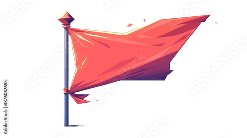 바람에 펄럭이는 붉은 깃발이 깃대에 묶여 있는 모습, 투명한 배경의 일러스트레이션