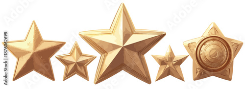 다섯 개의 금색 별이 흰색 배경에 나란히 놓여 있으며, 투명한 느낌을 줍니다.