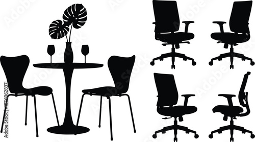 Modern furniture silhouette vector illustration, dining table set and ergonomic office chairs, minimalist interior design elements isolated white background composition