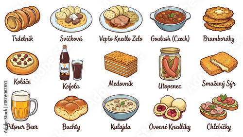 Assorted traditional Czech pastries and desserts on a wooden table, showcasing local cuisine and baked goods from a top-down viewpoint