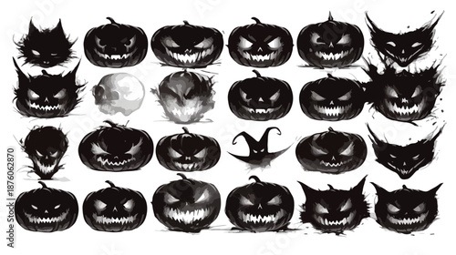 다양한 표정의 잭오랜턴과 검은 고양이 실루엣, 할로윈의 밤을 장식하는 기괴하고 신비로운 일러스트