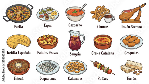 Assorted Spanish Cuisine Dishes and Beverages on Display