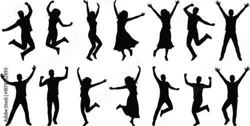 Jumping people silhouette vector illustration, happy dancing men and women poses, energetic celebration figures isolated on white background, design collection graphic set