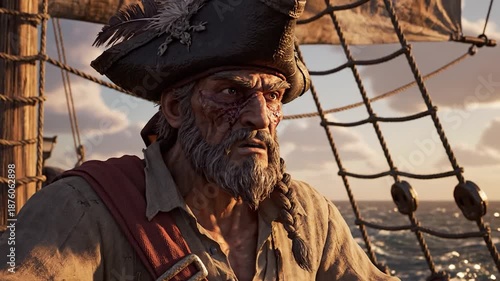 Grizzled pirate captain with scarred face, braided beard, and feathered hat on a ship