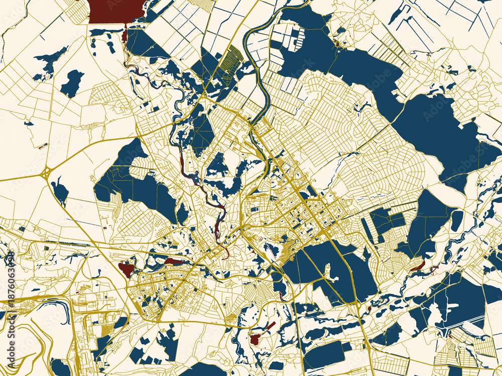 Obraz premium Flat city map of Staryy Oskol, Russian Federation in dark blue water and warm gold roads