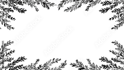 나뭇가지가 투명한 배경에 둘러싸인 흰색 공간을 장식하는 흑백 일러스트레이션