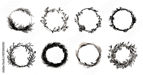 다양한 식물과 나뭇가지로 만든 수채화 스타일의 투명한 화환 8개 세트