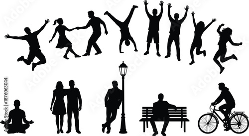 People lifestyle silhouette vector illustration, men and women dancing, jumping, walking, cycling and relaxing poses, daily urban activities collection isolated white background
