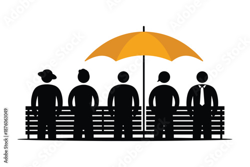 Group of People Sitting on a Bench Under an Umbrella, protection support concept