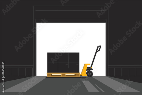 Pallet Jack with Boxes at Warehouse Loading Dock, warehouse logistics concept