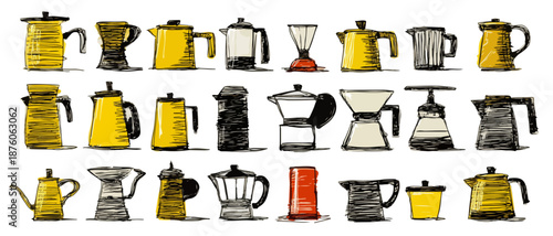 다양한 디자인의 커피 메이커와 주전자 일러스트 모음, 빈티지 스타일의 투명한 배경