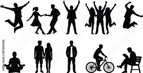 People lifestyle silhouette vector illustration, men and women dancing, jumping, walking, cycling and relaxing poses, daily activities collection isolated on white background
