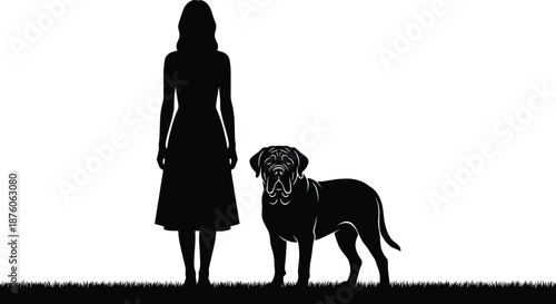 Woman and dog silhouette vector illustration, female standing with pet on grass, human animal companionship concept isolated on white background design