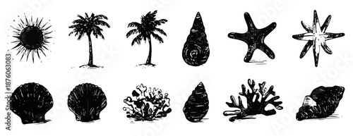 바다 테마 일러스트 아이콘 모음: 태양, 야자수, 조개, 불가사리, 산호, 물방울, 돌