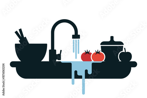 Kitchen Sink with Fresh Produce and Running Water, kitchen hygiene concept