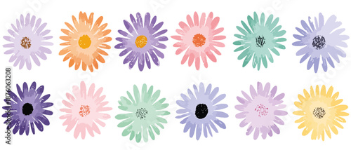 다채로운 수채화 데이지 꽃들의 투명한 배경 일러스트