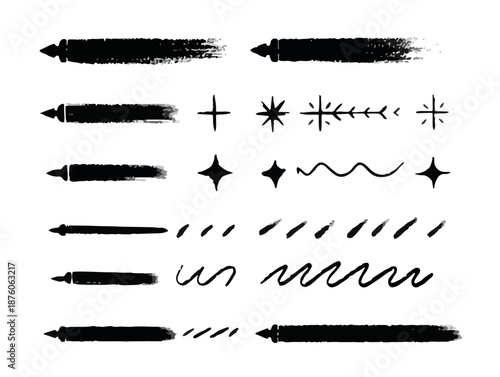 검정색 붓 터치 효과와 다양한 장식적인 선, 별 모양, 물결 모양 일러스트 모음