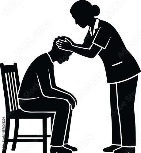 Healthcare caregiver and patient silhouette vector illustration, nurse comforting seated man, medical support compassion concept isolated on white background design